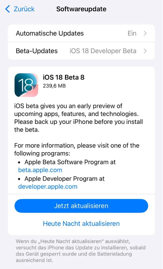 亳州苹果手机维修分享苹果 iOS / iPadOS 18 开发者预览版 Beta 8 发布 